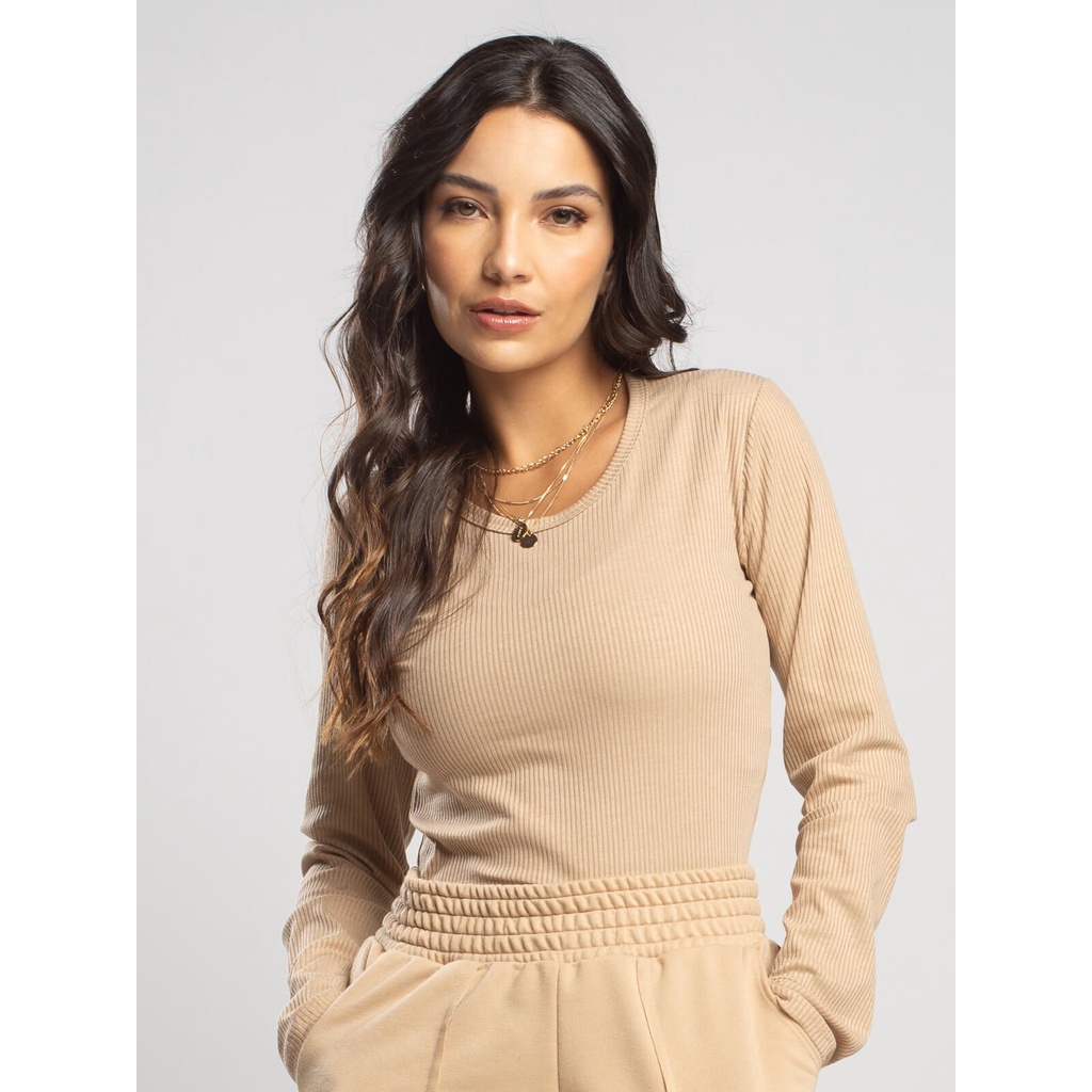 Blusa Manga Longa Gola Redonda Ribana Canelada Moda Feminina Vicbela
