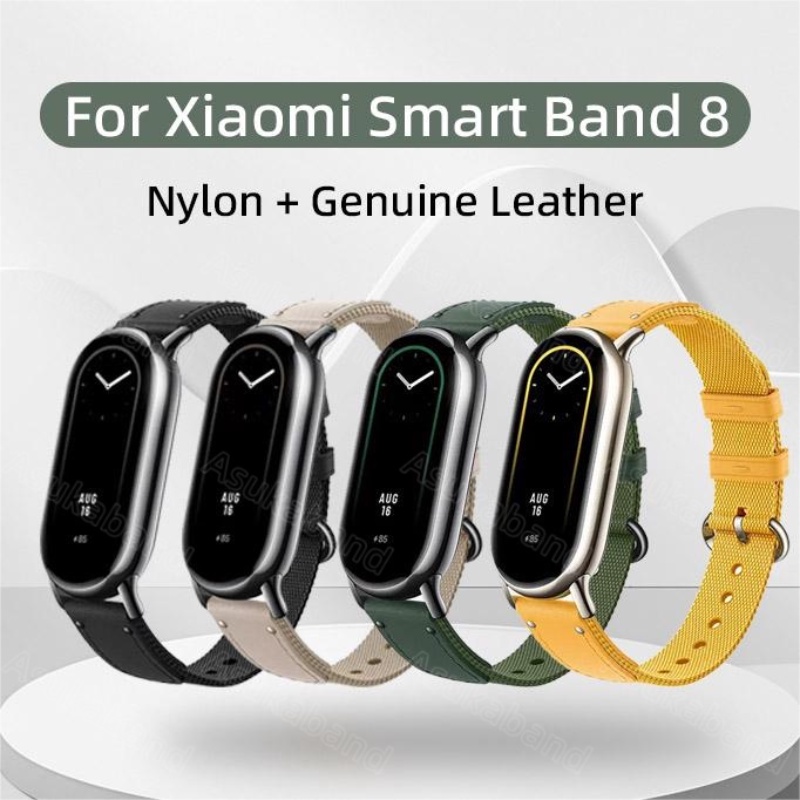 Para Xiaomi Mi Band 8 NFC Watch Strap Nylon Canvas Tecido De Pontos De Couro Pulseira Esportiva Ginásio Cinto De Pulso Homens Mulheres Estudantes