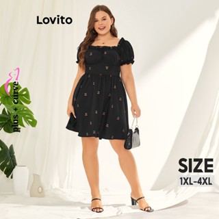 Lovito Vestido de Gola Quadrada com Babados de Frutas e Legumes e Mangas Bufantes Plus Size Curve para Mulheres LPS11049 (Preto)
