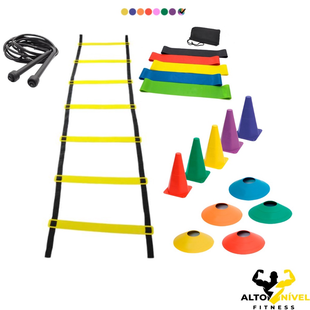 Kit Treino Funcional Agilidade Escada 7 Degraus + 05 Cones + 05 Chapéus + 01 Kit 5 Faixas Mini Bands + 01 Corda de Pular Treino Pvc