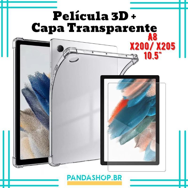 Kit Capa Case Transparente Silicone + Pelicula 3D Vidro para Tablet  Samsung Tab A8 (2021) SM-X200/X205 10.5" Polegadas