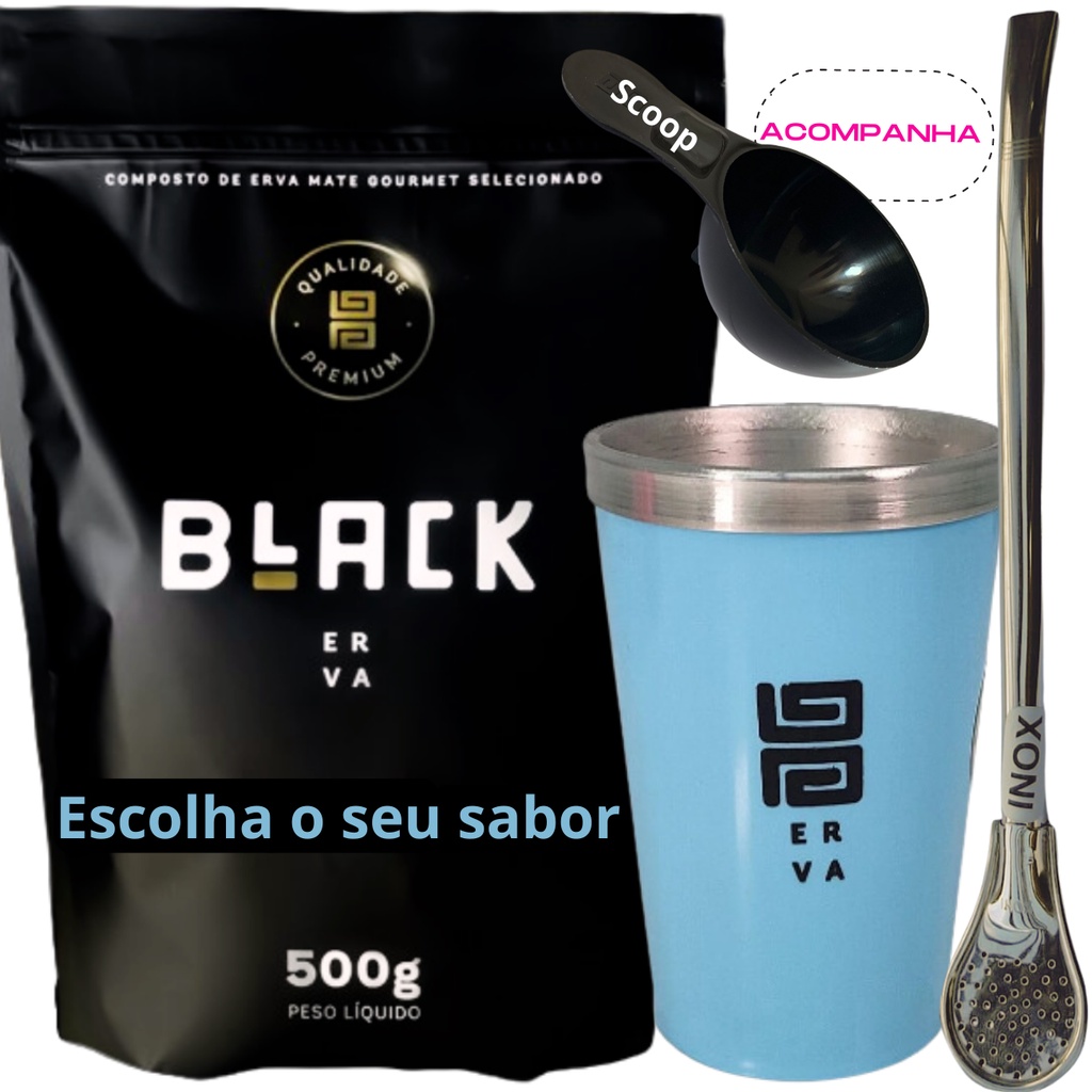 Kit Tereré Black Erva Mate 500g+ Copo Alumínio Térmico AZUL + Bomba Tradicional Inox Acompanha Scoop