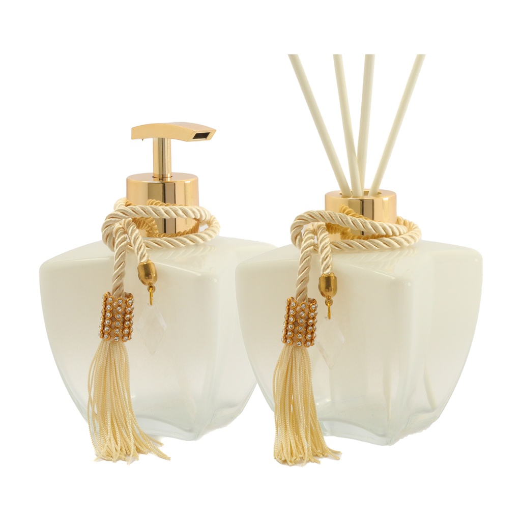 Kit Vidros Banheiro Luxo Degrade Branco Porta Sabonete E Difusor