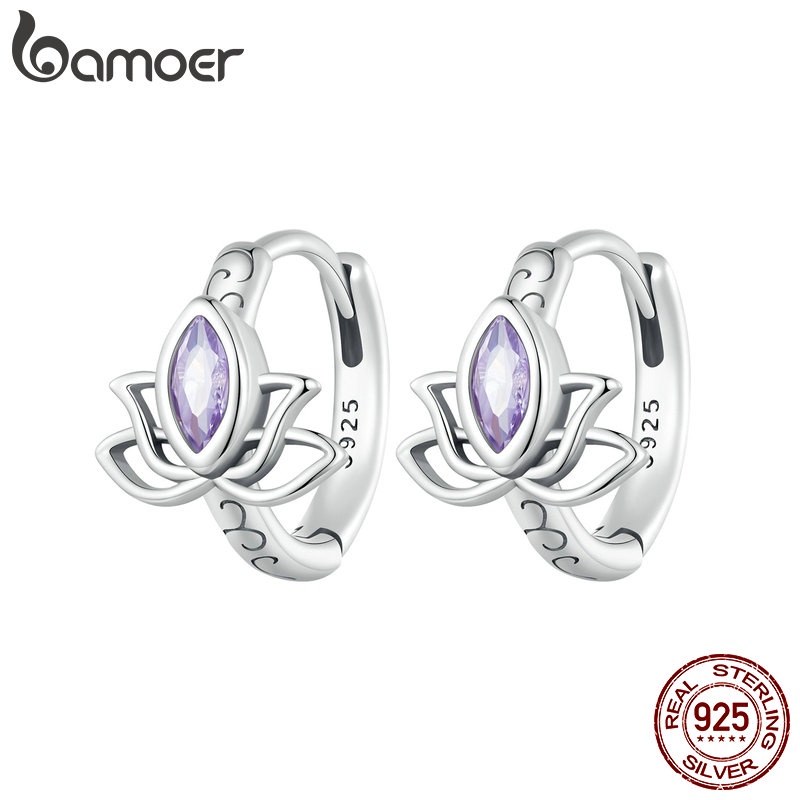BAMOER 925 Sterling Prata Púrpura Lótus Flor Brincos Design Simples Jóias De Moda Para Mulheres