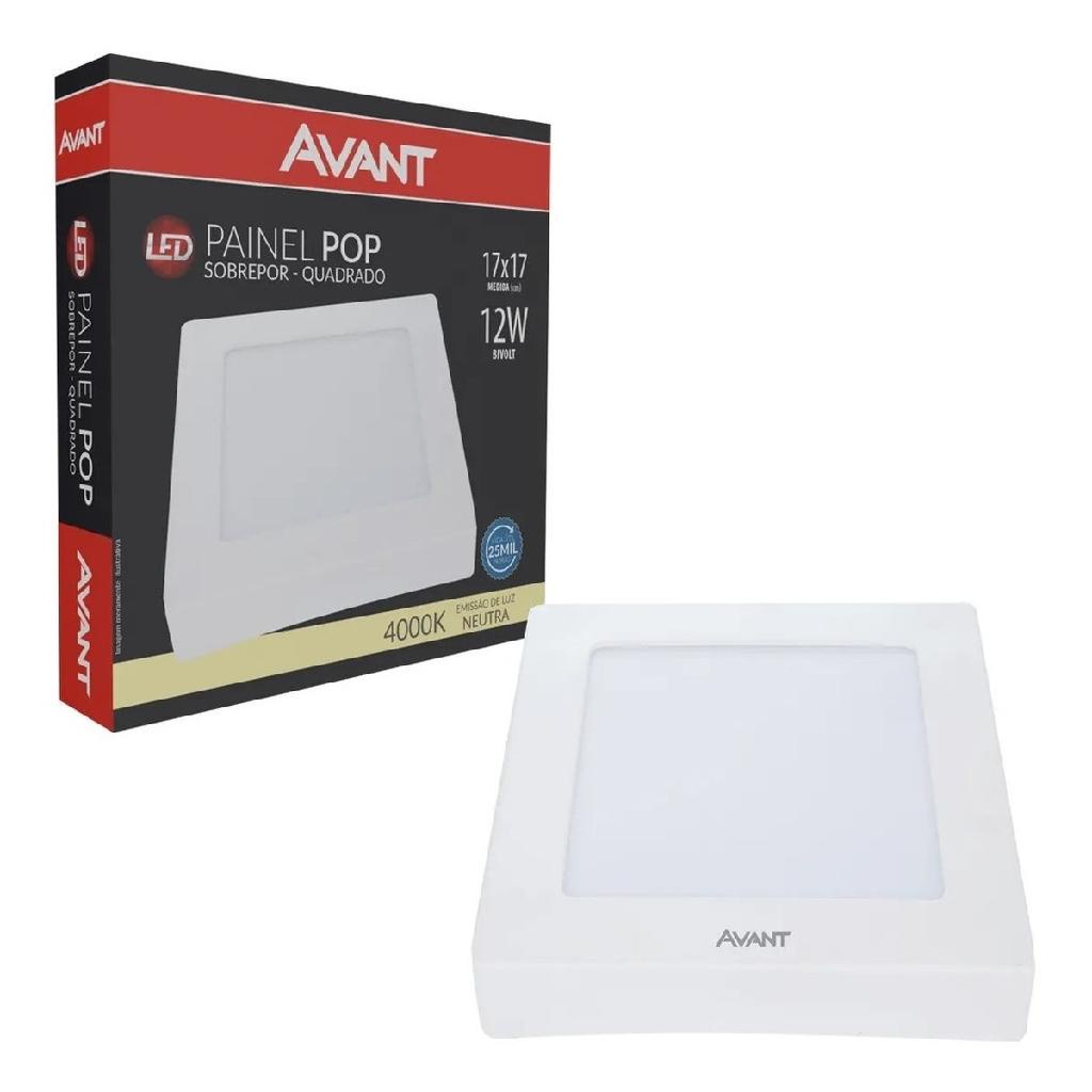 Painel Plafon Quadrado Sobrepor 12w Branco Neutro 4000k Avant