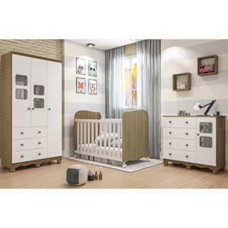 Quarto de Bebê Completo com Guarda Roupa 3 Portas Berço Americano Cômoda Uli 4 Gavetas Móveis Peroba