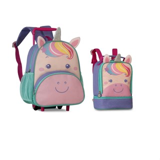 Kit Mochila Rodinha E Lancheira Unicórnio Infantil Escolar