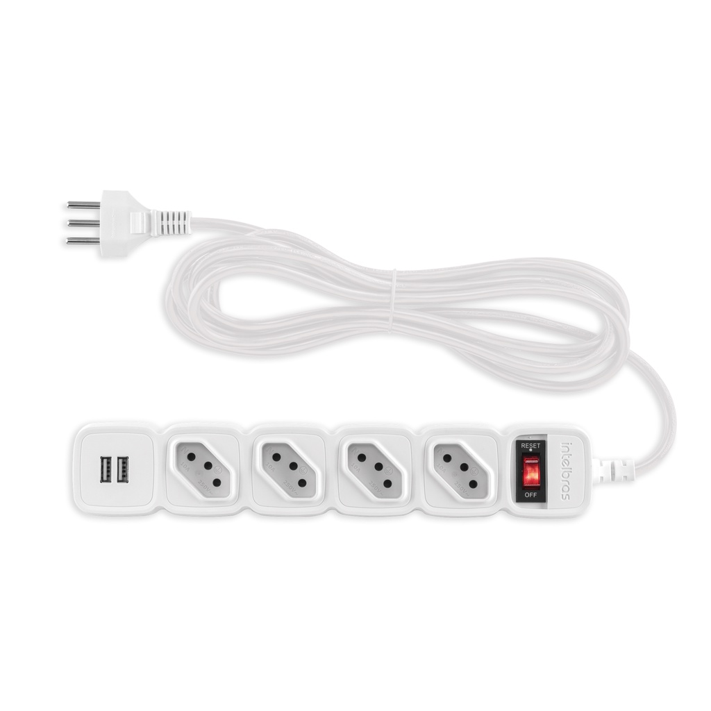 Filtro De Linha Protetor Eletronico Regua Extensao Eletrica EPE 204 USB+ Intelbras 4 Tomadas 2 Usb Bivolt Com Cabo 3 Metros Branco