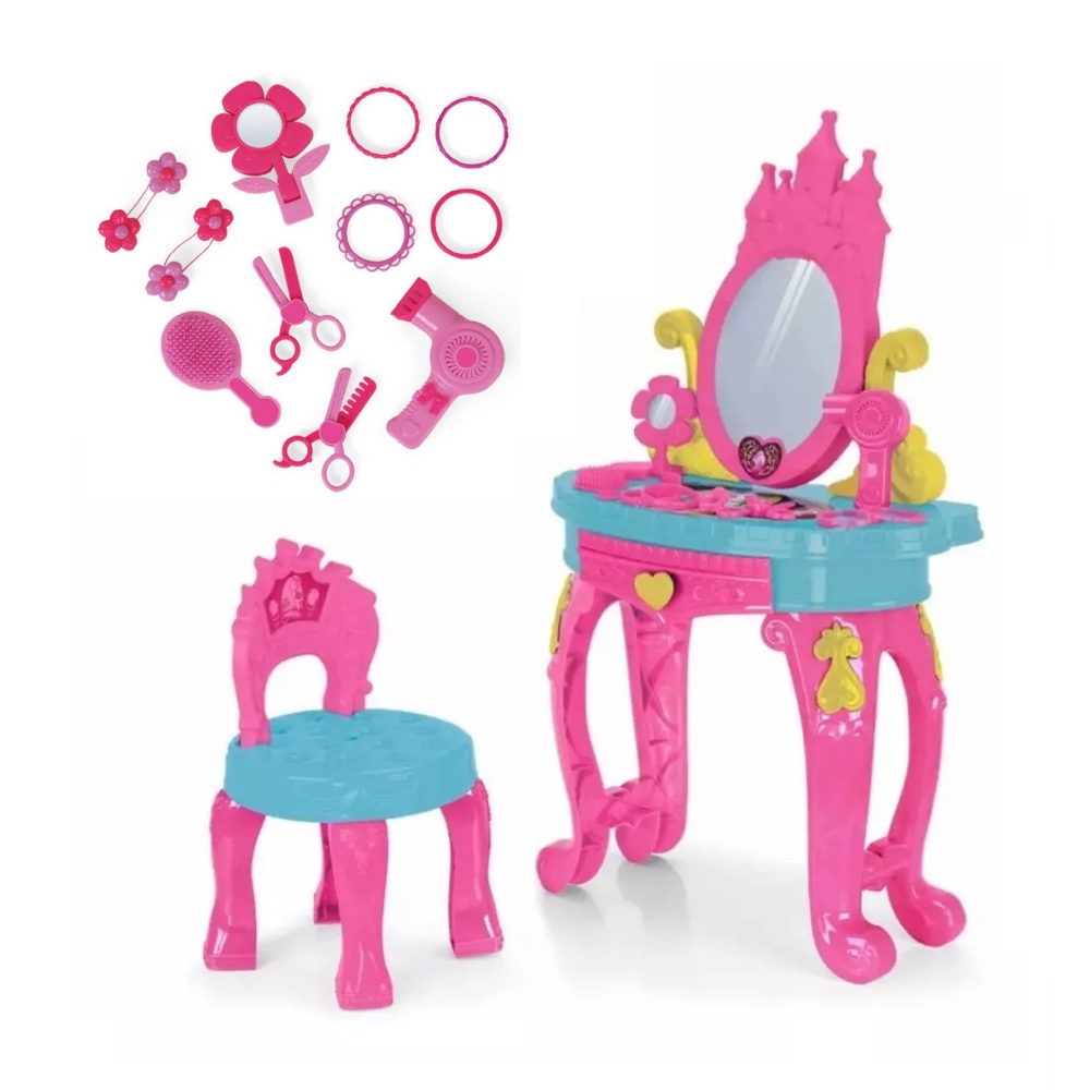 Penteadeira Infantil Princesa Com Espelho Banqueta E Itens em Oferta na Shopee