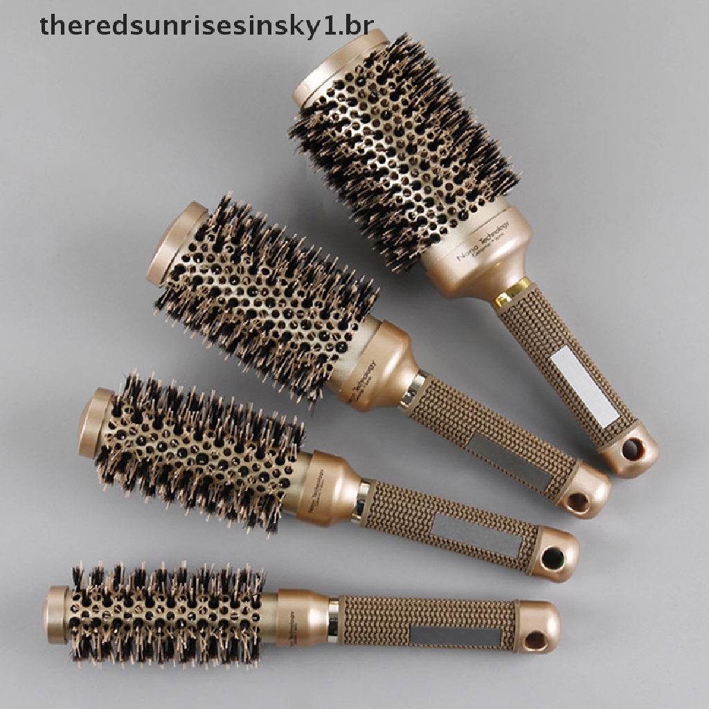 Beleza Profissional Cerâmica Térmica Iônica De Barril Redondo Anti-Derrapante Escova Para Cabelo Ouro .