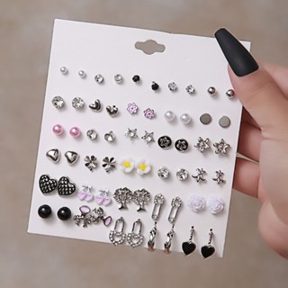 Brincos De 30 Pares/set Coreanos Estilo Simples Rhinestone Star Stud Earring for Girls Flower Black Heart Earrings Jóias Acessórios