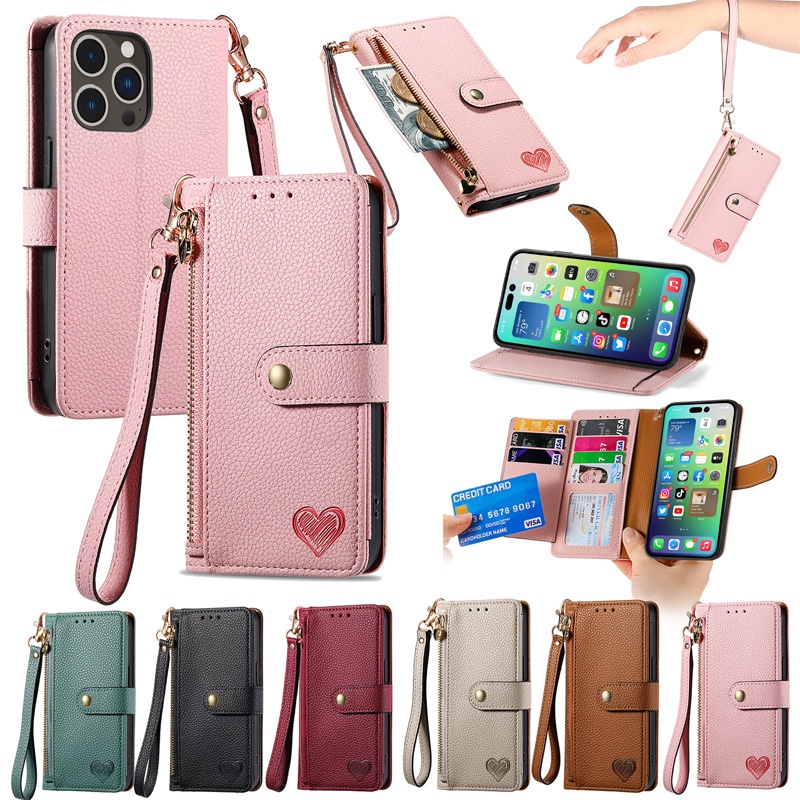 Capa Carteira Para Samsung Galaxy A08 A07 A06 A18 A17 A16 A15 A14 A27 A57 A37 A56 A36 A26 A54 A55 Coração Em Relevo Kick