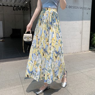 Lovito Saias Maxi Plissadas com Estampa Floral e Babados para Mulheres LNE09166 (Multi-Cor)
