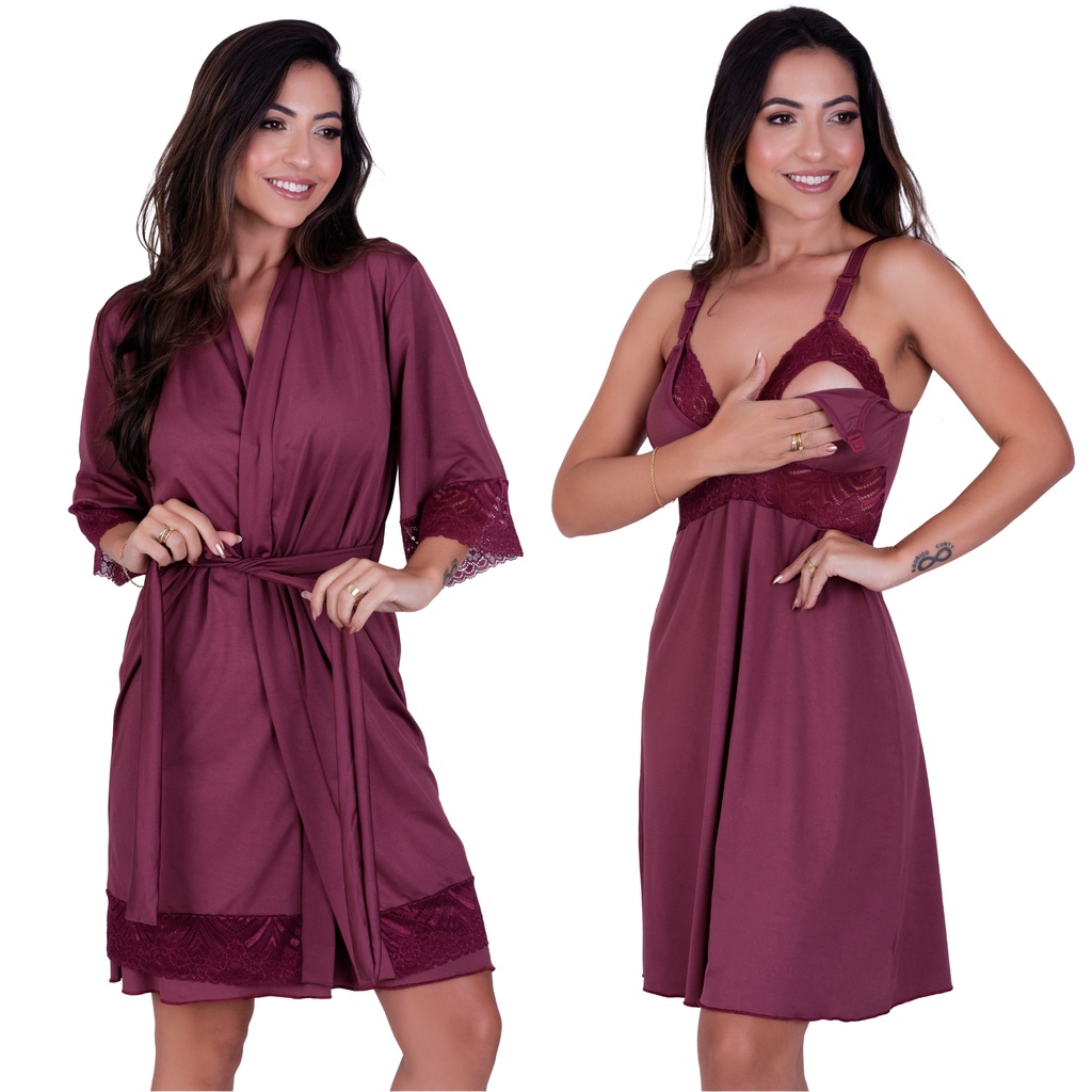 Kit Camisola Amamentação e Robe Conjunto Saída Maternidade Pós Parto Mamãe e Bebê em Oferta na Shopee