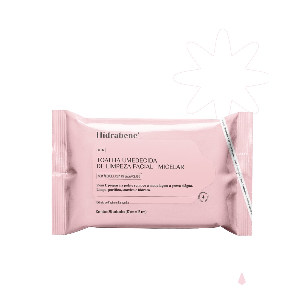Toalha umedecida de limpeza facial micelar Hidrabene em Oferta na Shopee