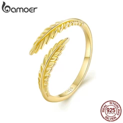 BAMOER 925 Sterling Silver Tree Leaf Folha De Prata Com Anel De Ouro Presentes De Moda Para Mulheres BSR485
