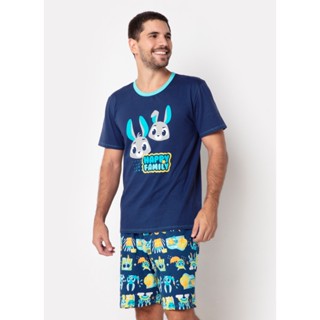 Pijama Manga Curta Masculino Algodão Família Coelho - Puket
