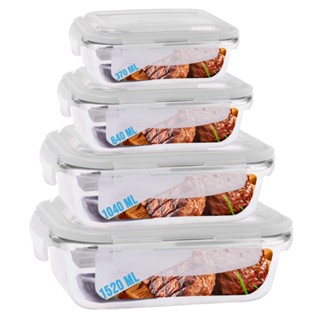 Kit 4 Potes Marmita Fit Retangular 370ml 640ml 1040ml 1520ml