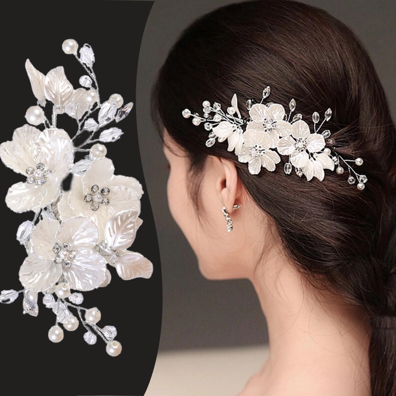 Coreano INS Style White Leaves Flower Hairpins/Flashing Rhinestone Peças De Cabelo Requintadas Clip/High-End Wedding Headpieces em Oferta na Shopee