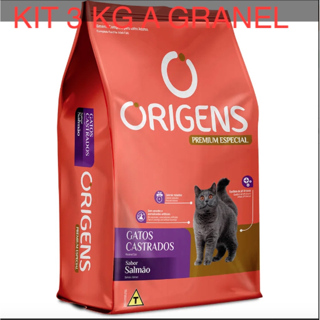 Kit 3 Kg Ração A granel Origens Gatos Premium Especial Salmão Castrados