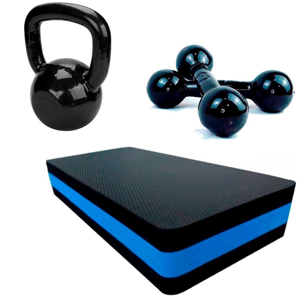 Kit Treino Em Casa - Kettlebel Emborrachado 4kg + Par Halter Emborrachado 3Kg + Step 60x28x10 Cross Fit  Funcional