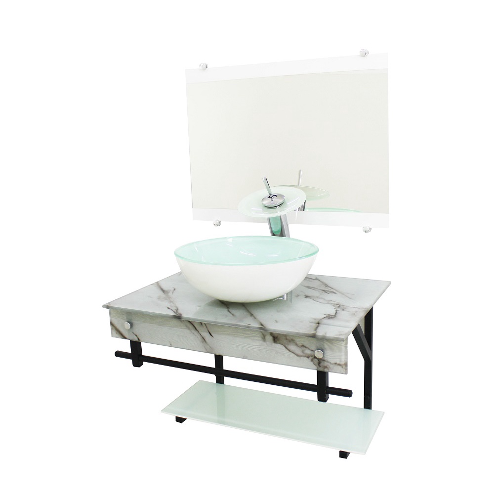 GABINETE DE VIDRO 60CM APX COM CUBA REDONDA MÁRMORE BRANCO