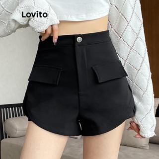 Lovito Shorts de Cintura Alta com Perna Reta e Cintura Alta para Mulheres LNE09160 (Preto)