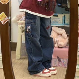 Sanrio Hello Kitty Y2k Roupas De Ganga Y2k Calças Femininas Perna Larga Moda Rua Vintage Anime Feminino Jeans Reto