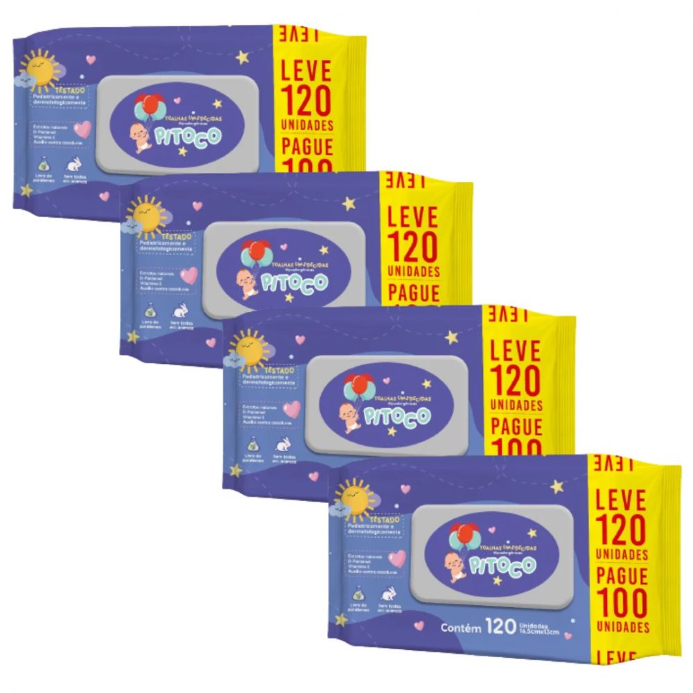 Toalhas Umedecidas Hipoalergênicas Pitoco Lenço 120 - Kit com 4 Unidades Chams
