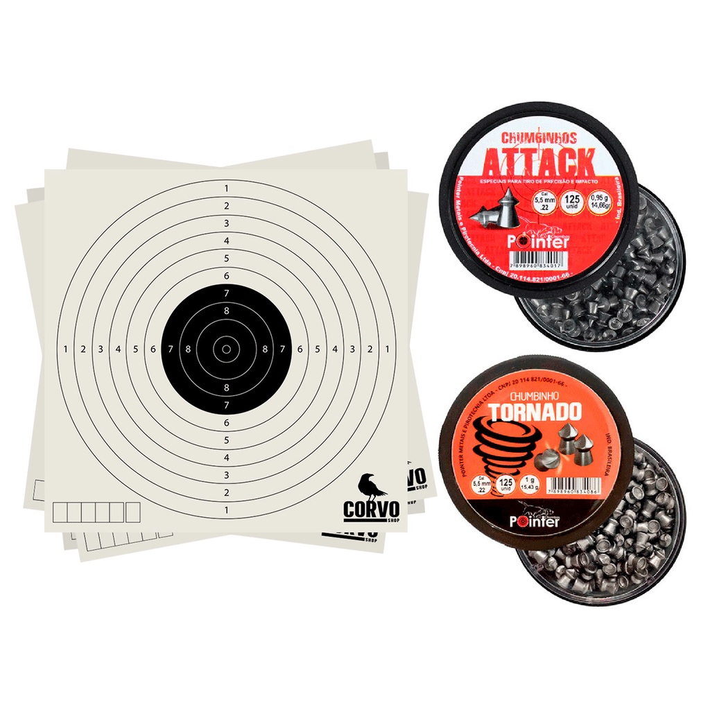 Kit 125 Pointer Attack 5.5mm , 125 Pointer Tornado 5.5mm Rossi Cbc Hatsan Fixxar Qgk e 50 Alvos Papel 14x14cm