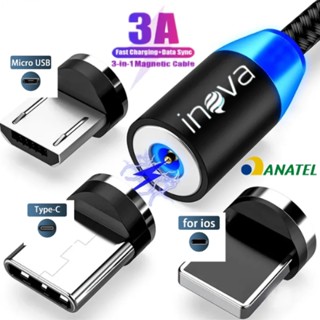 Cabo Carregador Magnético 3 Em1 Usb Led Imã Ios Android 3.4a