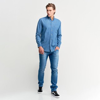 Camisa Masculina Jeans Azul Lisa