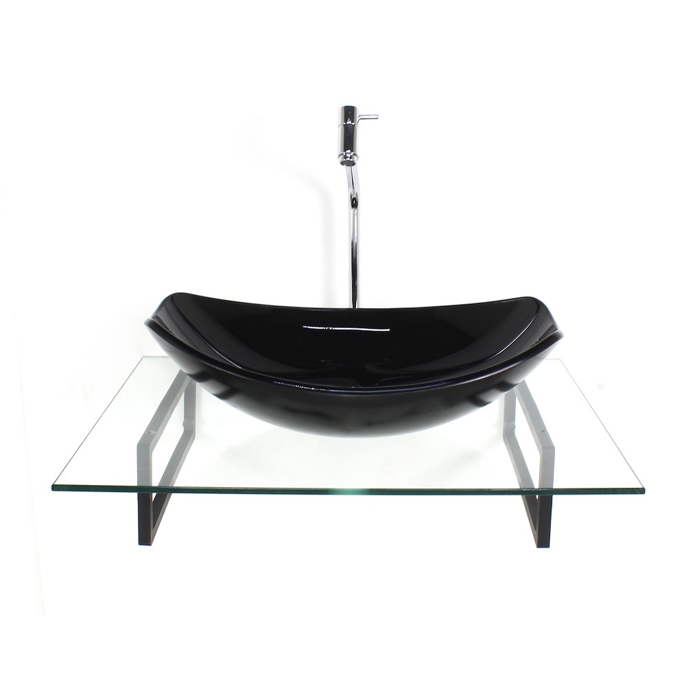 KIT CUBA DE VIDRO OVAL CHANFRADA PRETA COM TAMPO 60CM INCOLOR E SUPORTE PRETO