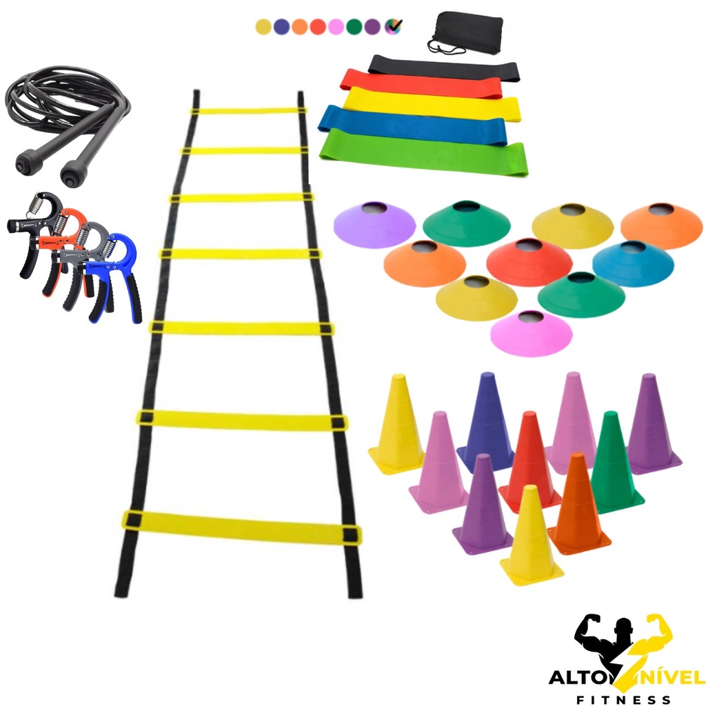 Kit Treino Escada 7 Degruas 10 Cones 10 Chapéus 5 Faixas Mini Bands 1 Hand Grip 1Corda de Pular Pvc em Oferta na Shopee