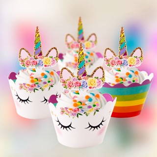 Cupcake 24pcs Arco-Íris Unicórnio Embalagem De Bolos Toppers Festa Suprimentos Para Festas De Aniversário Kids Unicorn Decoração De