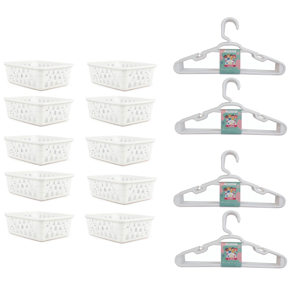 Kit 10 Cestos Organizador Pequeno 16x12x6Cm Branco + 20 Cabides Branco Infantil