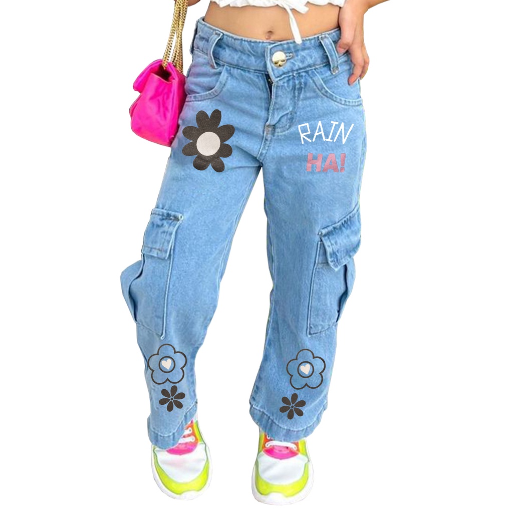 Calça Cargo Jeans Skatista Feminina Infantil e Juvenil Bolso