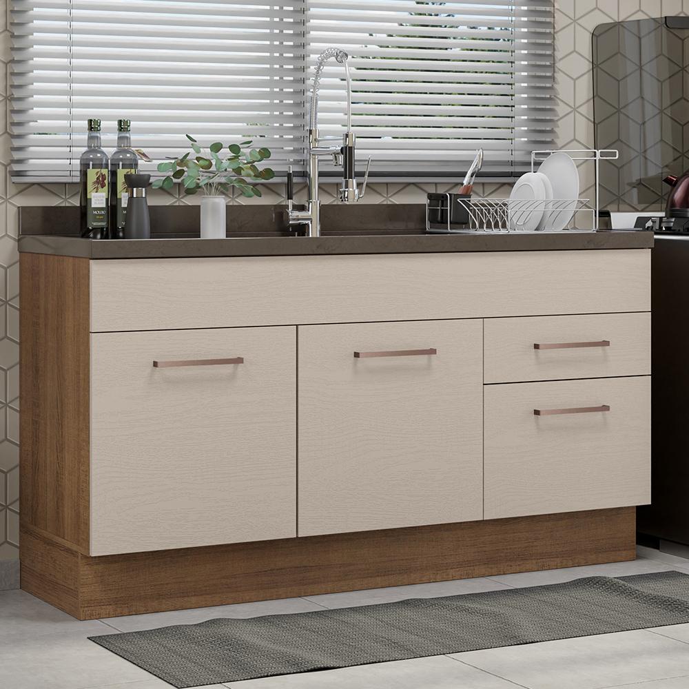 Balcão Gabinete de Pia Cozinha 150 cm 2 Portas 2 Gavetas (Sem Tampo e Pia) Rustic/Crema Agata Madesa - Home & Living