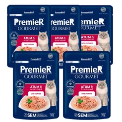 Kit 5 Rações Úmidas Sachê Premier Gourmet Gatos Castrados Atum e Arroz Integral 70g