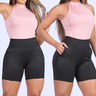 Kit 2 Bermuda Feminina Short Academia Fitness Meia Coxa Com Bolso Faca Cintura Alta Tecido Grosso