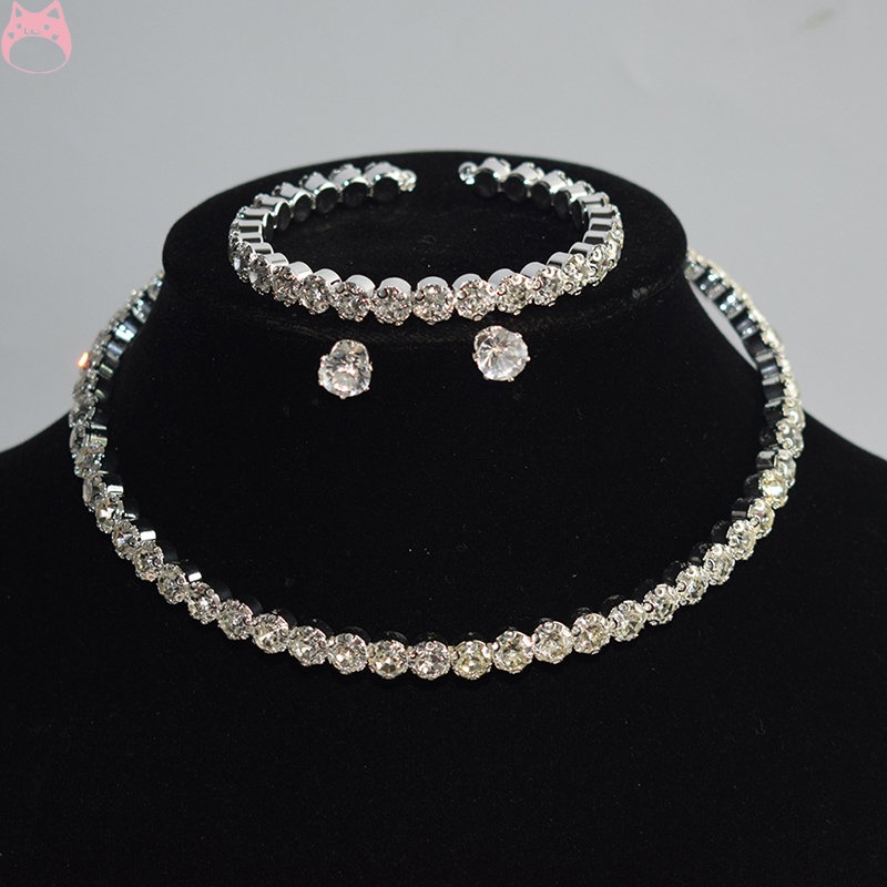 3Pcs/Set Fashion Crystal Bridal Jewelry Sets Prata Cor Gargantilha Geométrica Colar Brincos Pulseira Jóias De Casamento em Oferta na Shopee