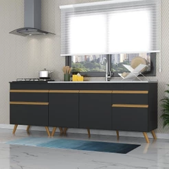 Kit 2 Balcões Gabinete Pia 150 cm e Cooktop 70 cm Veneza GB Multimóveis MP2073 Preto