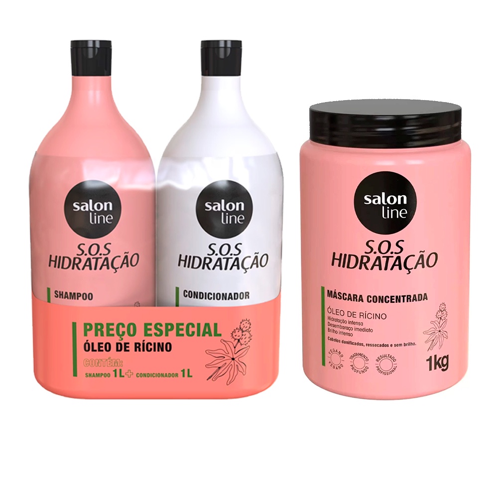 Kit Sos Hidratação Óleo de Rícino 1L Salon Line 3un em Oferta na Shopee