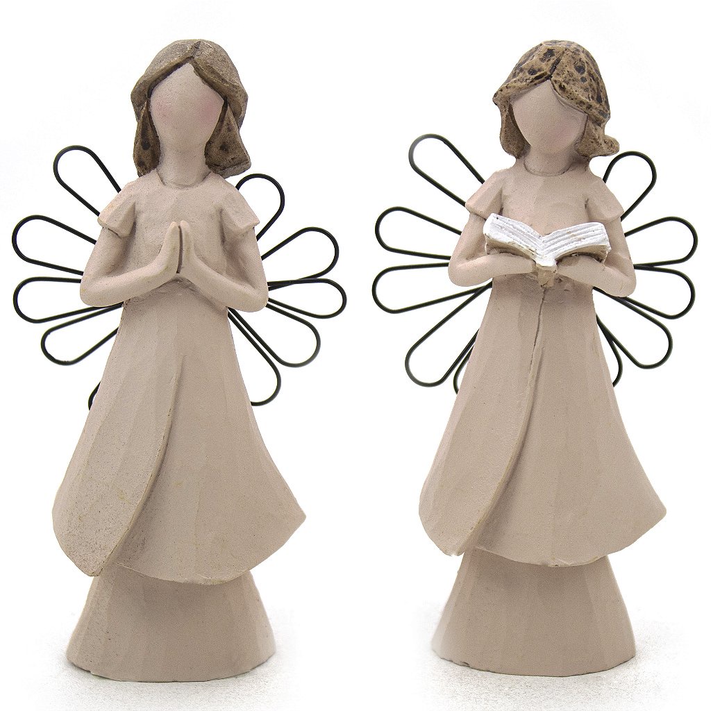 Kit Imagem Anjo Asa Arame Rezando e Anjo Asa Arame Livro Resina 10 cm