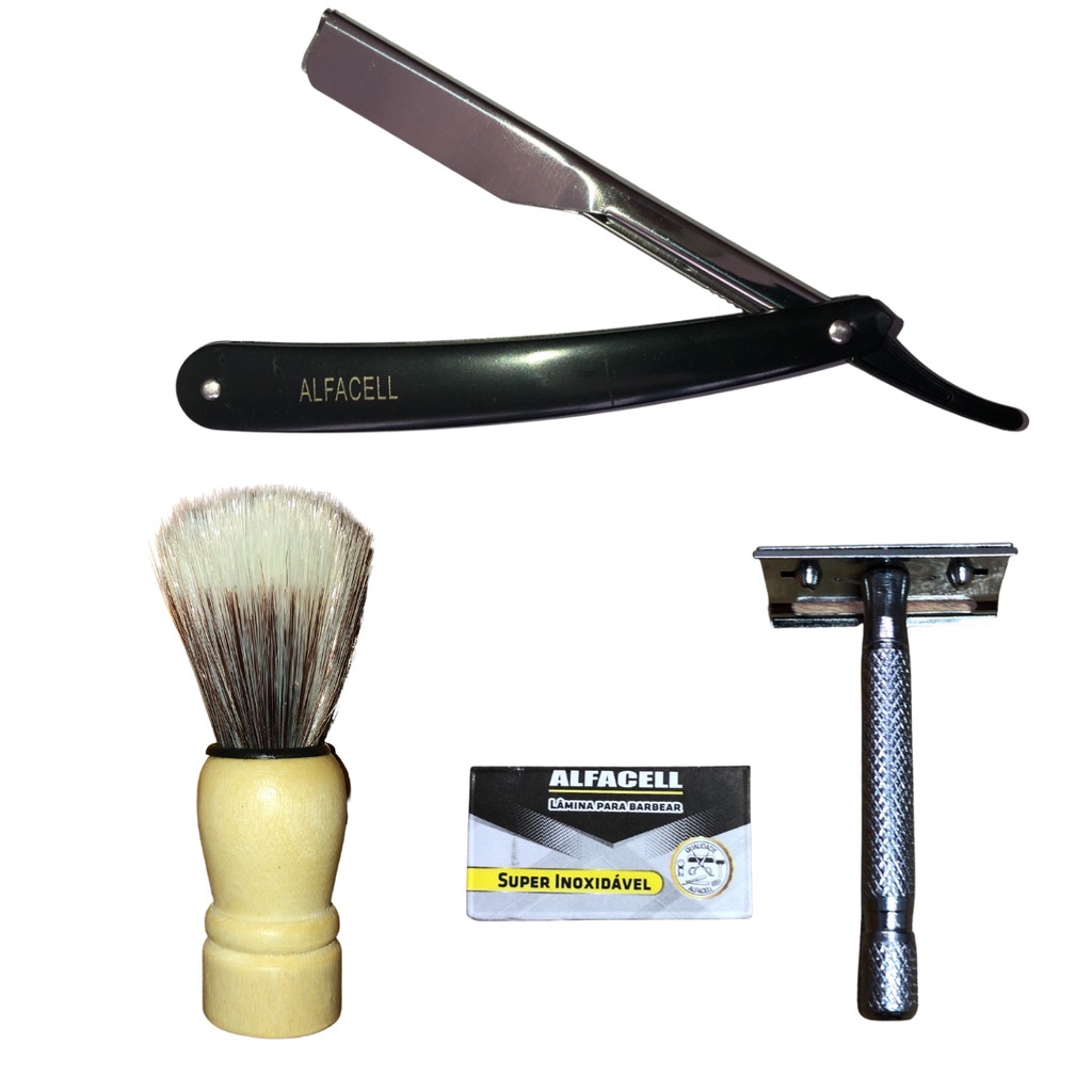 Kit Barbeiro Profissional Navalha Navalhete + Pincel de Barbear + Barbeador de Inox + Lâmina