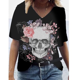 Estampa Floral De Caveira 3D Camiseta Feminina De Moda Tamanho Grande Com Decote Em V E Roupas Femininas Retrô