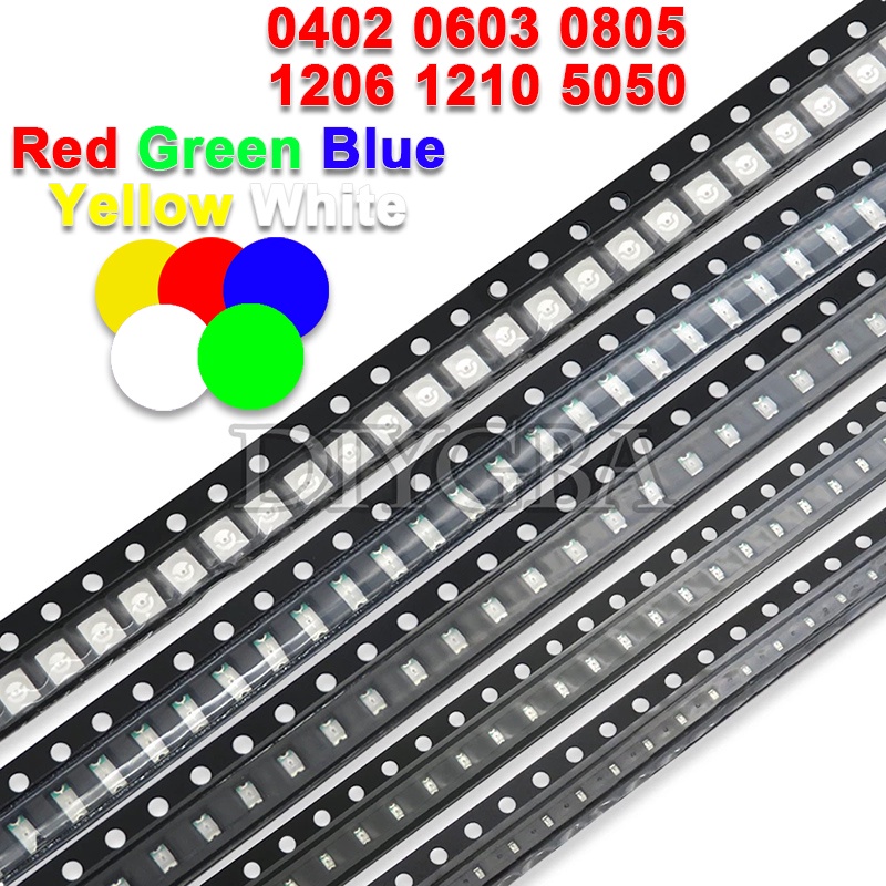 100PCS 0402 0603 0805 1206 1210 5730 SMD Diodo LED Ibuw Vermelho Amarelo Verde Branco Azul Luz