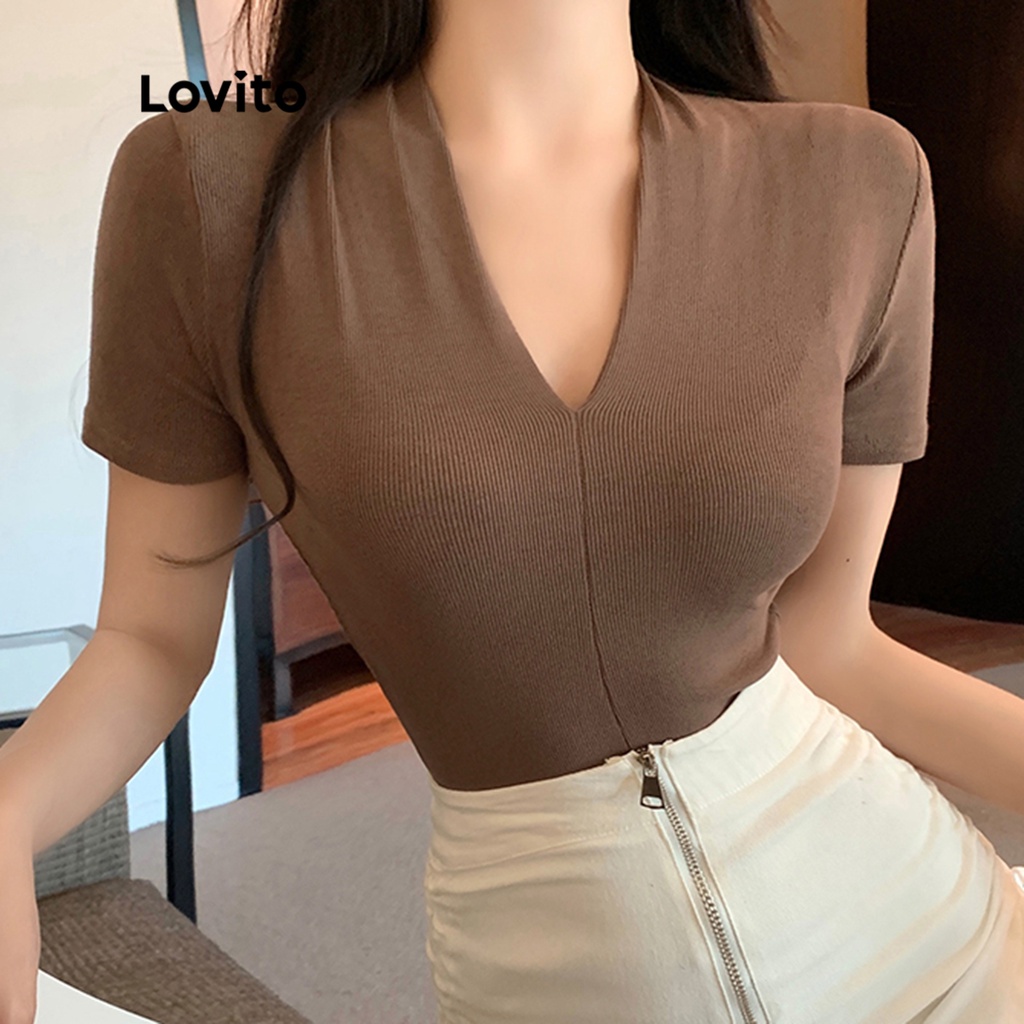 Lovito Camisetas de Manga Curta com Decote em V Simples Casual para Mulheres LNA10125 (Café/Branco/Preto)