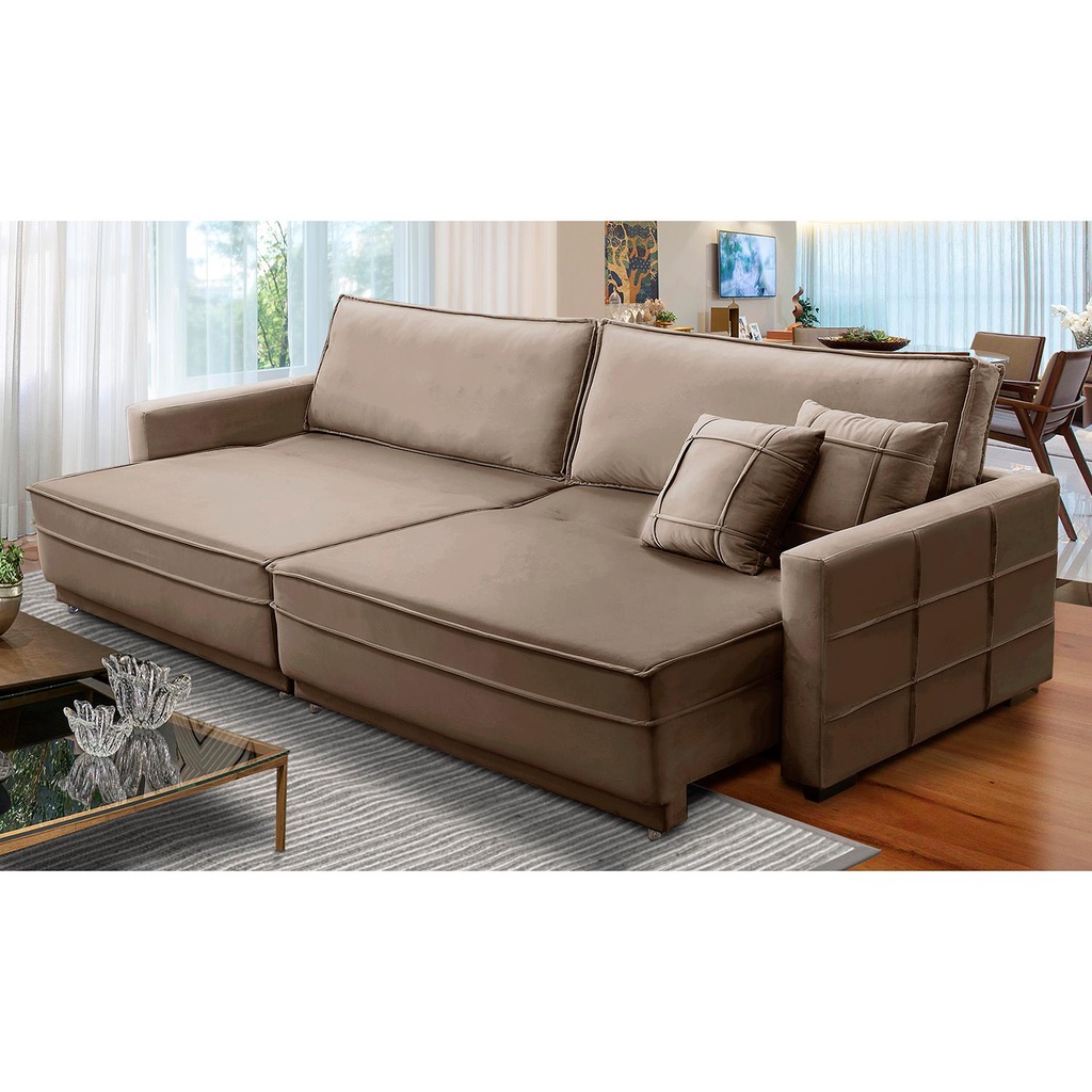 Sofá Cama Retrátil e Reclinável 2,50m com Molas Karen Veludo Cappuccino Adonai Estofados - Home & Living