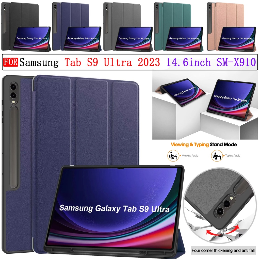 Para Samsung Galaxy Tab S9 Ultra 14.6 Polegadas 2023 SM-X910 Suporte Dobrável Ajustável Capa Traseira Macia TPU Com Porta-Caneta